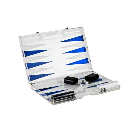 Premium lucite backgammon set open in blue and white acrylic, modern transparent board with dice and playing pieces on a clean white background