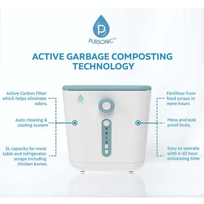 Feature infographic of Pursnic Smart Food Waste Composter highlighting carbon filter, 3L capacity, auto cleaning and cooling system