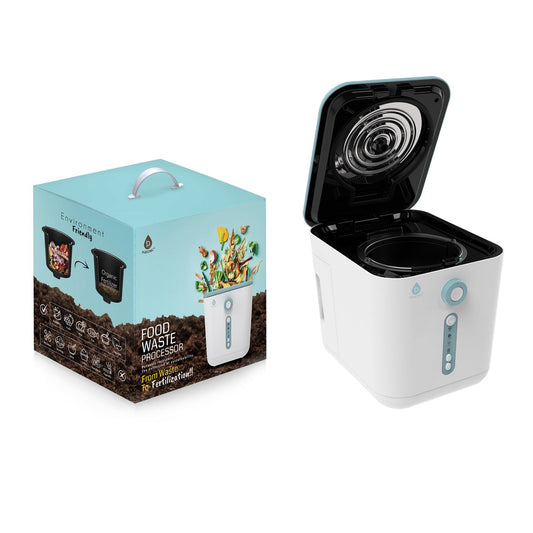 Pursonic Smart Food Waste Composter with lid open, compact countertop electric composter with retail box, modern white and blue design