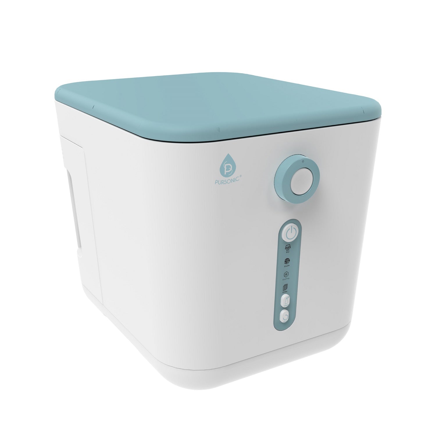 Compact white and blue electric kitchen composter, closed lid, modern countertop design