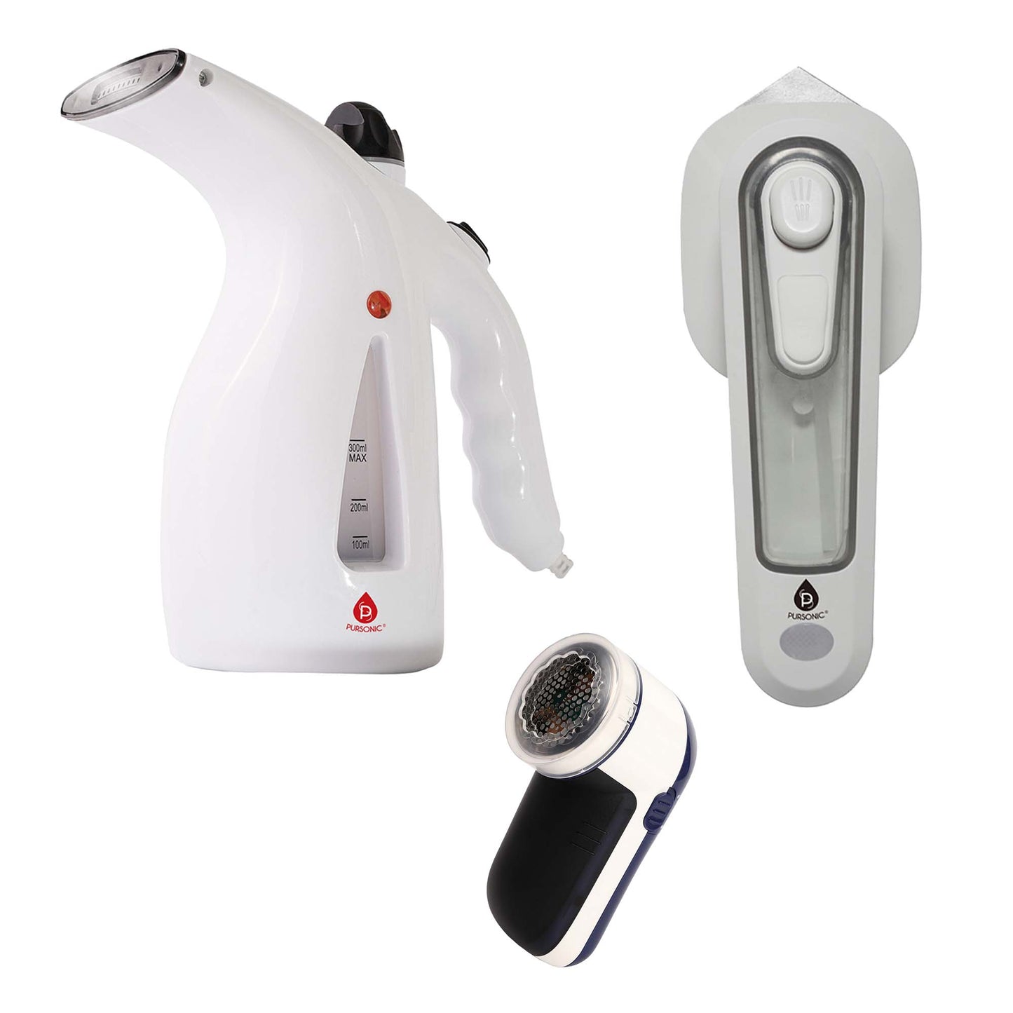 Pursonic Travel-Ready Fabric Care Trio with handheld steamer, mini travel iron and compact lint remover shown together on a white background.”
