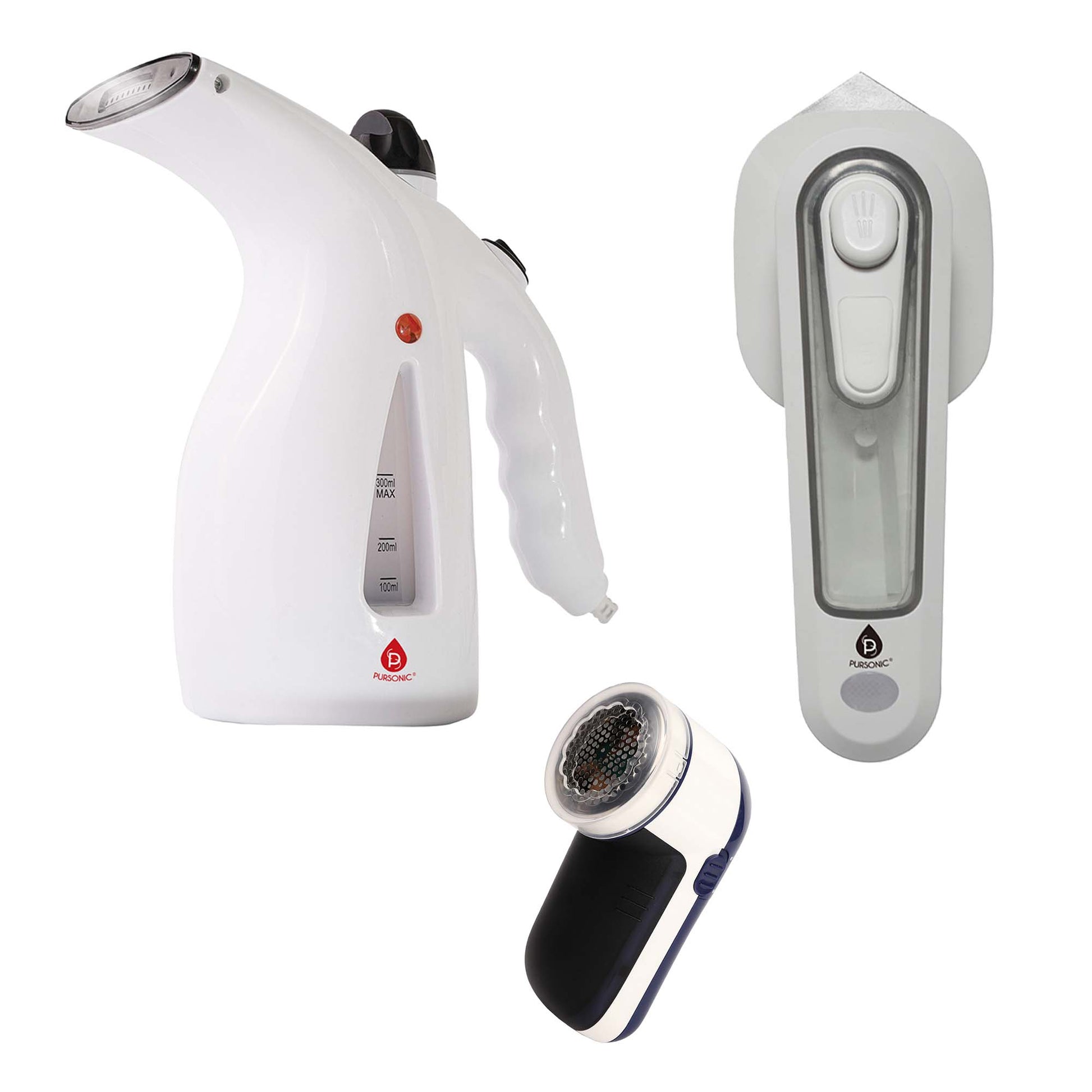 Pursonic Travel-Ready Fabric Care Trio with handheld steamer, mini travel iron and compact lint remover shown together on a white background.”